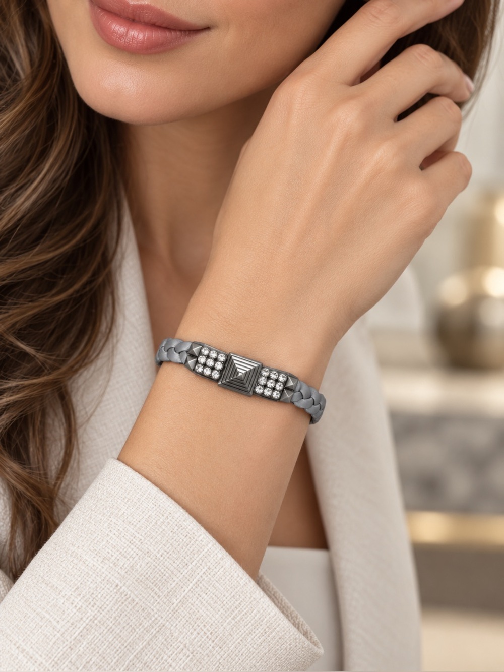 Lia Sophia Silver-Grey Braided Bracelet with Crystal Accents,NIB